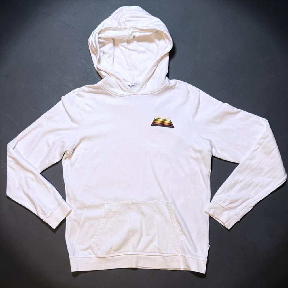 Frank & Oak Hoodie Mens White Graphic Logo Organic Cotton Front Pocket Size L